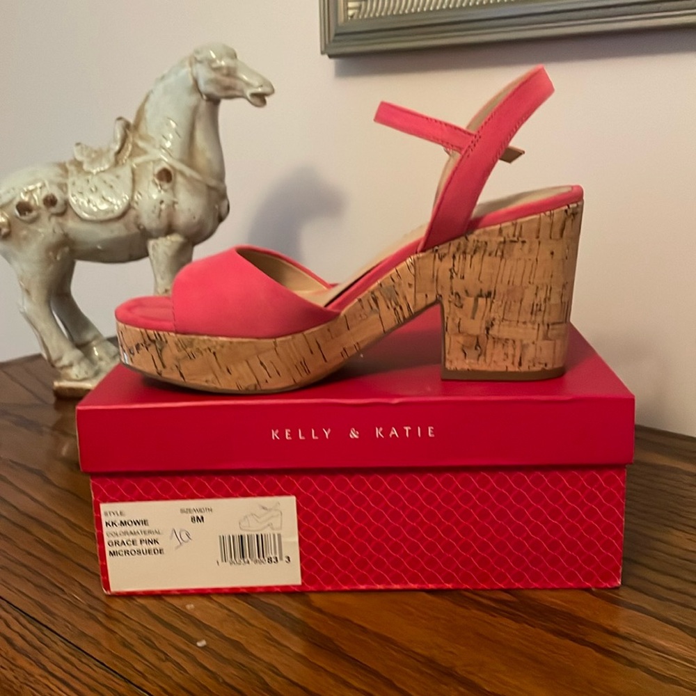 Pink microsuede cork wedge sandals